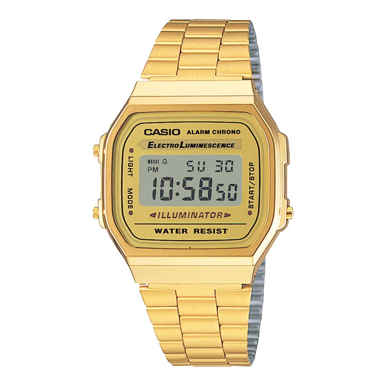 Casio A168WG-9VT Vintage Watch. Classic timepiece from the Casio Vintage Collection featuring a gold-tone case, EL backlight, and 1/100-second stopwatch.
