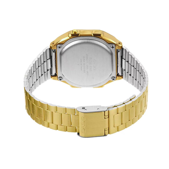 Casio A168WG-9VT Vintage Watch. Underside view highlighting the gold-tone case and the stainless steel band with a secure clasp.