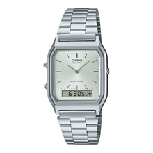  Casio AQ230A-7A Vintage Watch. Classic analog watch with a digital window, featuring a sleek silver color. Merges retro design with modern functionality for versatile use.