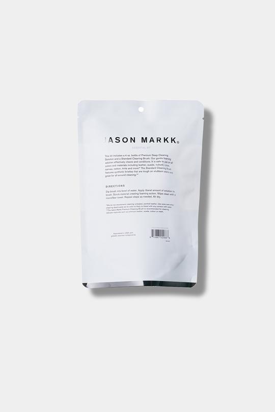 Jason Markk Essential Kit. Back of the packaging featuring details on contents, usage instructions, and ingredient information.