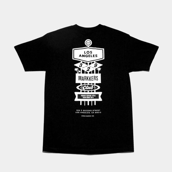 Jason Markk Markkers Club Tee. Graphic of iconic Los Angeles neighborhood signage on the back, reflecting the city’s distinctive style and culture.