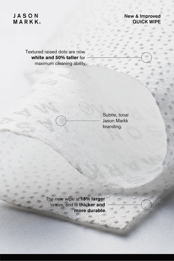 Jason Markk Quick Wipes 3 Pack. Diagram illustrating the dual-textured material and raised dot technology used in the wipes for superior cleaning ability.