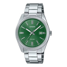  Casio MTP-1302D-3AV Men's Watch. Features a striking green dial with luminous hands and markers, housed in a sleek stainless steel case and band. Includes quartz movement, date display, and 50-meter water resistance.