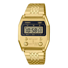  Casio A1100G-5 Vintage Watch. Full-metal case with a polished gold finish, metal front buttons, and engraved mode indicators, merging 1970s design with modern luxury.